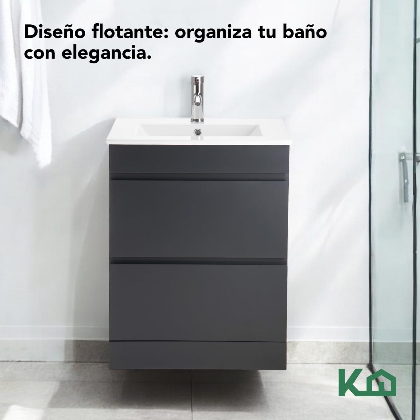 Kingshouse | Gabinete para Baño con Ovalín y Monomando – Mueble de Baño Lavamanos con 2 Cajones – Lavabo – Gabiente Organizador - Color Gris Mate – Fibra de Madera MDF – Lavamanos De Cerámica