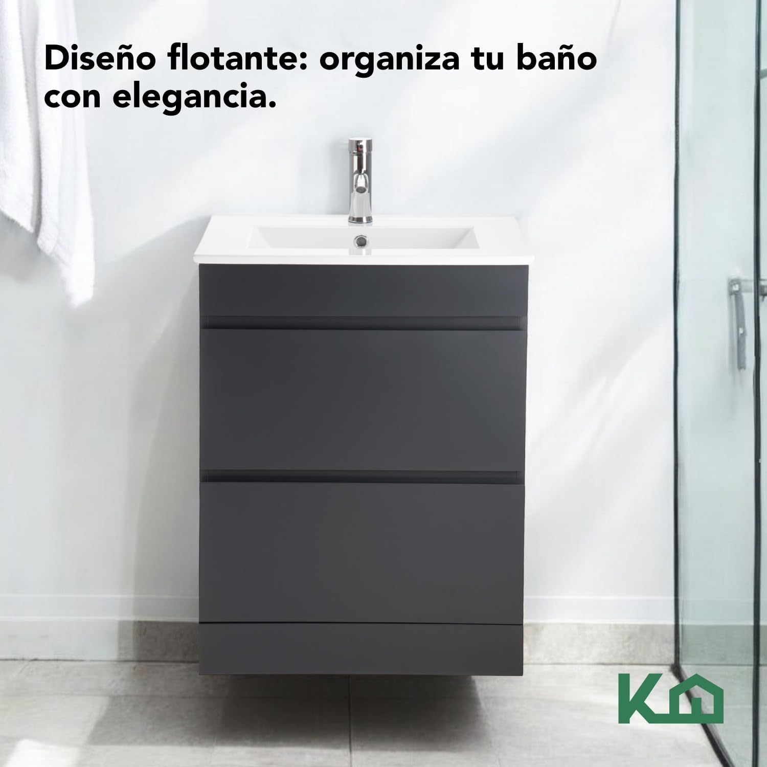 Kingshouse | Gabinete para Baño con Ovalín y Monomando – Mueble de Baño Lavamanos con 2 Cajones – Lavabo – Gabiente Organizador - Color Gris Mate – Fibra de Madera MDF – Lavamanos De Cerámica