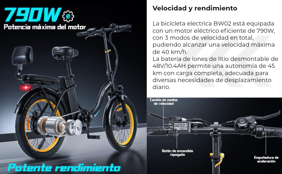 BW02 Bicicleta Electrica Plegable para Adultos, Potencia Máxima del Motor 790W