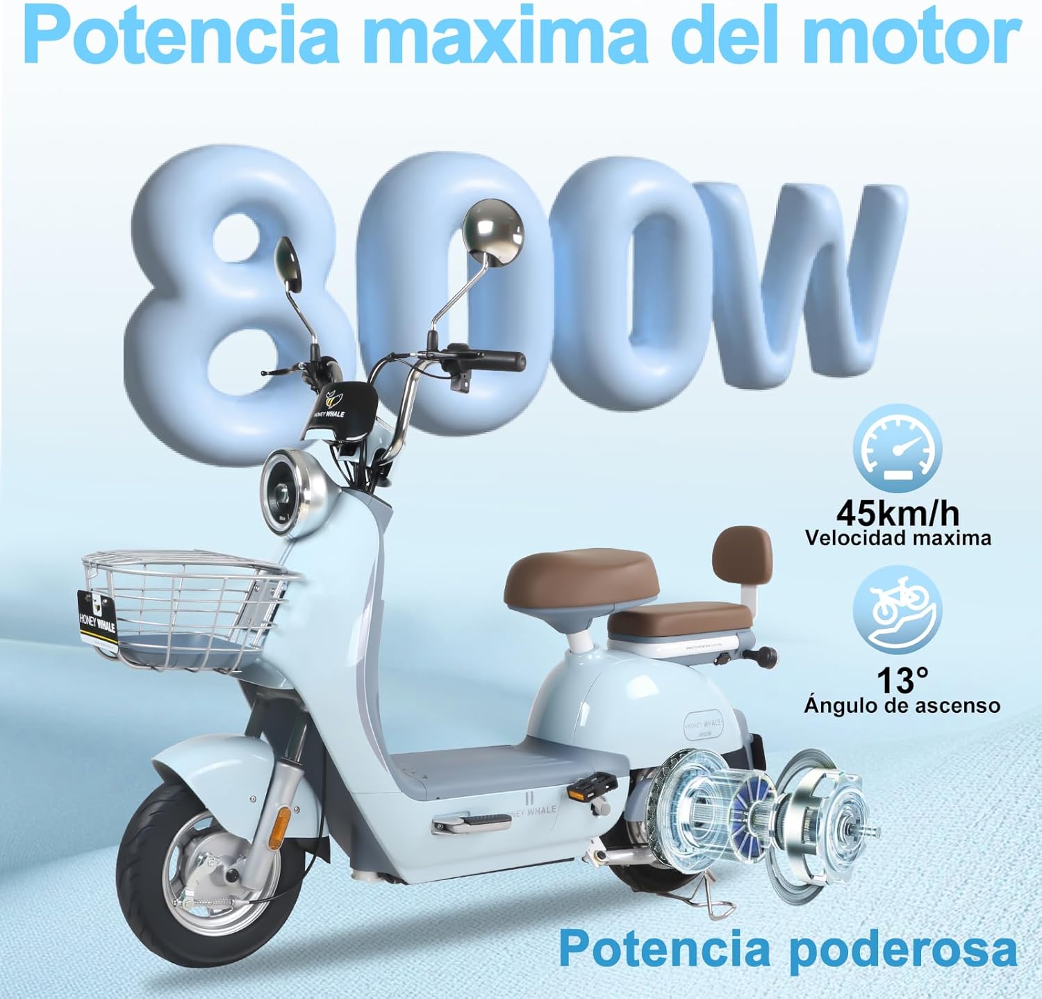 HONEYWHALE UNA Bicicleta Electrica para Adultos, Moto Electrica con Alarma, Potencia Motor MAX 800W, Velocidad MAX 45KM/H, Autonomía 60KM, Bateria 20AH de Gran Capacidad