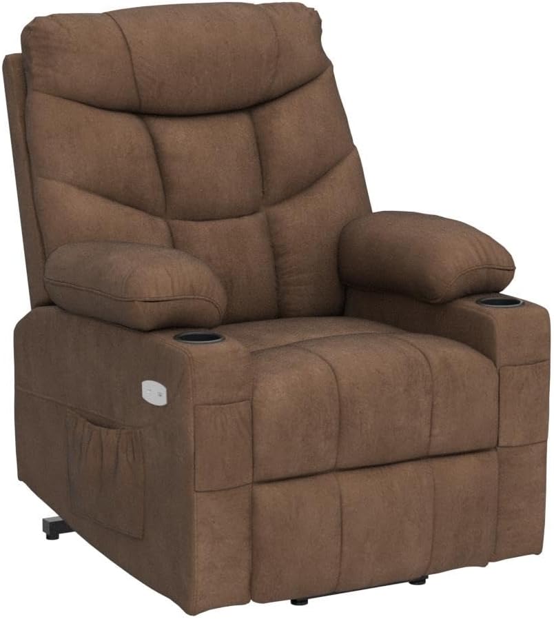 YITAHOME Silla reclinable con elevación eléctrica para Ancianos, Silla reclinable de Tela con Masaje y Calor, Asiento Espacioso, Puertos USB, portavasos, Bolsillos Laterales, Control Remoto (café)