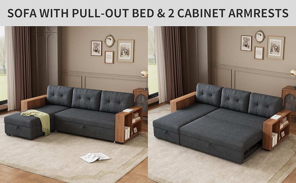 Sof&aacute; en forma de L con cama extra&iacute;ble y reposabrazos de 2 gabinetes