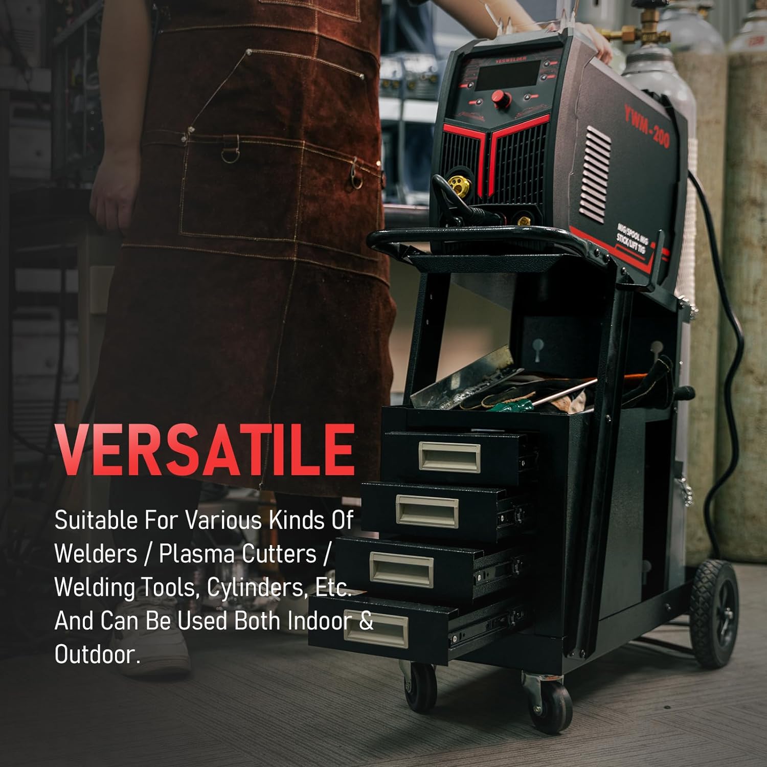 YESWELDER Carro de soldadura con 4 cajones para soldador MIG TIG y cortador de plasma, resistente y de gran capacidad de almacenamiento 360°