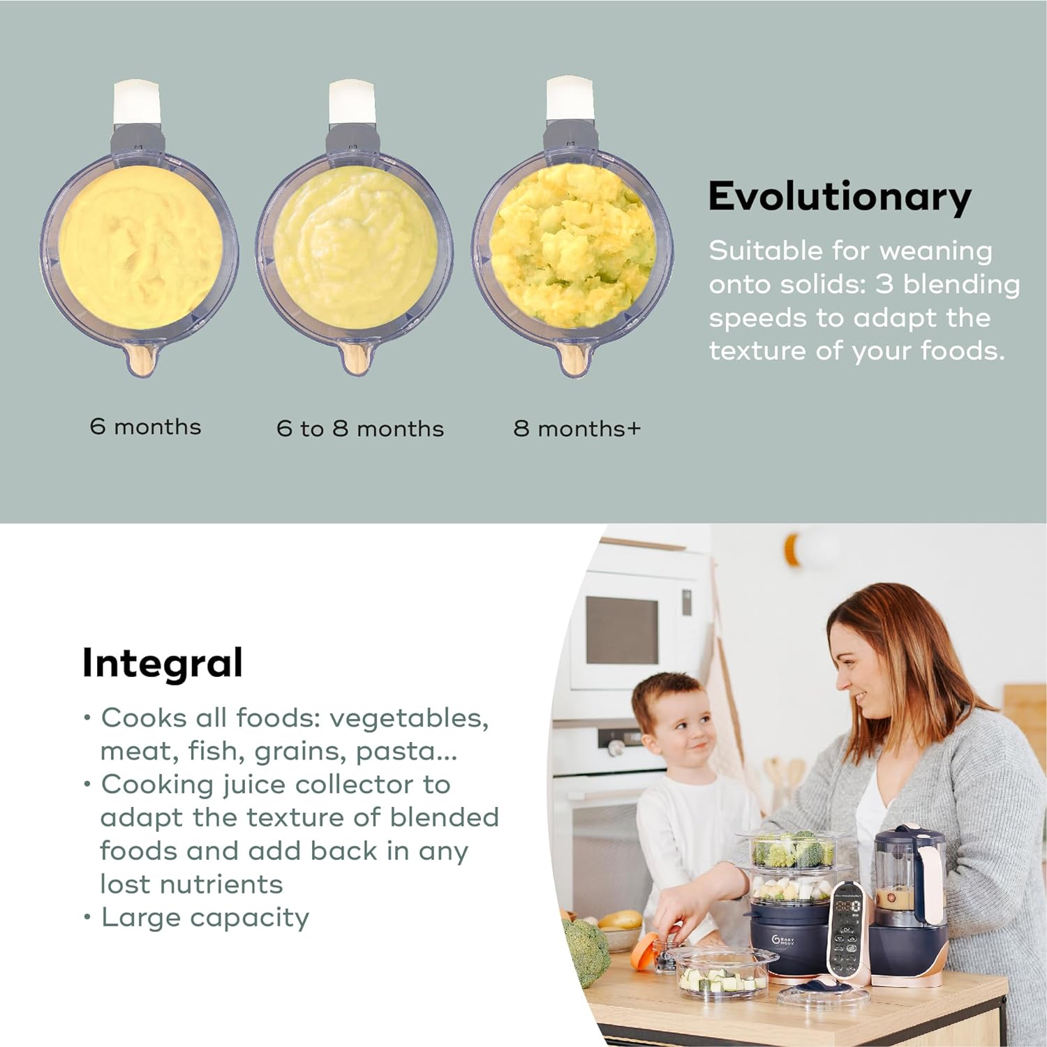 Babymoov Duo Meal 6 en 1: Procesador de Alimentos para Bebés con Vaporizador y Licuadora de Velocidades Múltiples, Calienta y Descongela (Aprobado por Nutricionistas), Gris