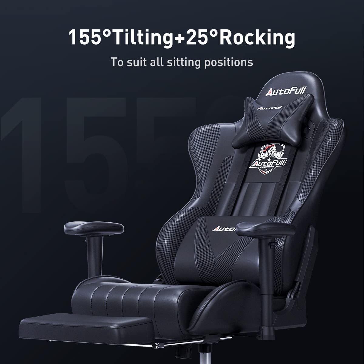 AutoFull Silla Gaming Ergonómica Silla de Oficina Silla Gamer Cuero de PU Silla de Escritorio,Altura e inclinación Ajustables,Soporte Lumbar y reposapiés,Negro
