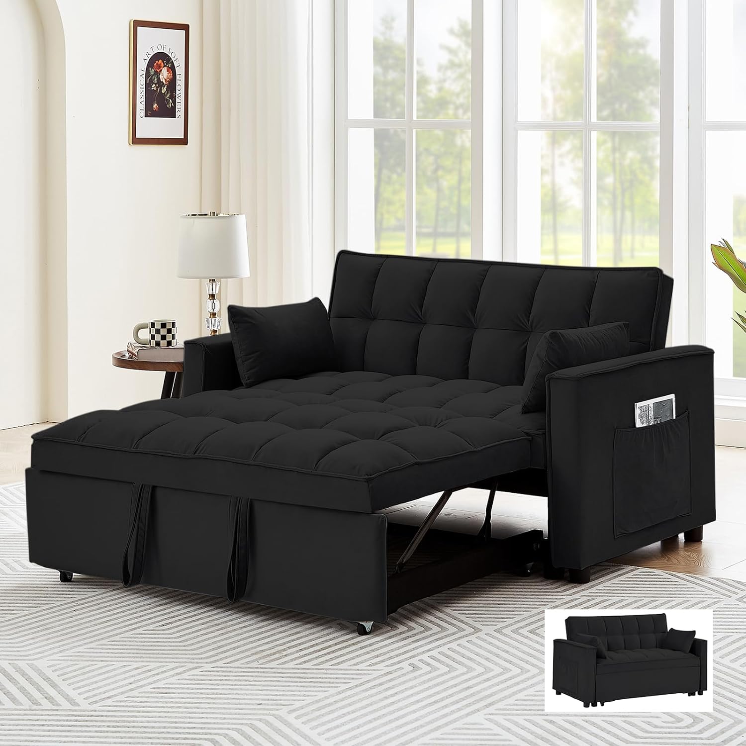CALABASH Sofá convertible de 55 pulgadas 3 en 1 sofá de terciopelo pequeño con cama extraíble, respaldo reclinable, almohadas y bolsillos, futón para sala de estar, departamento, oficina