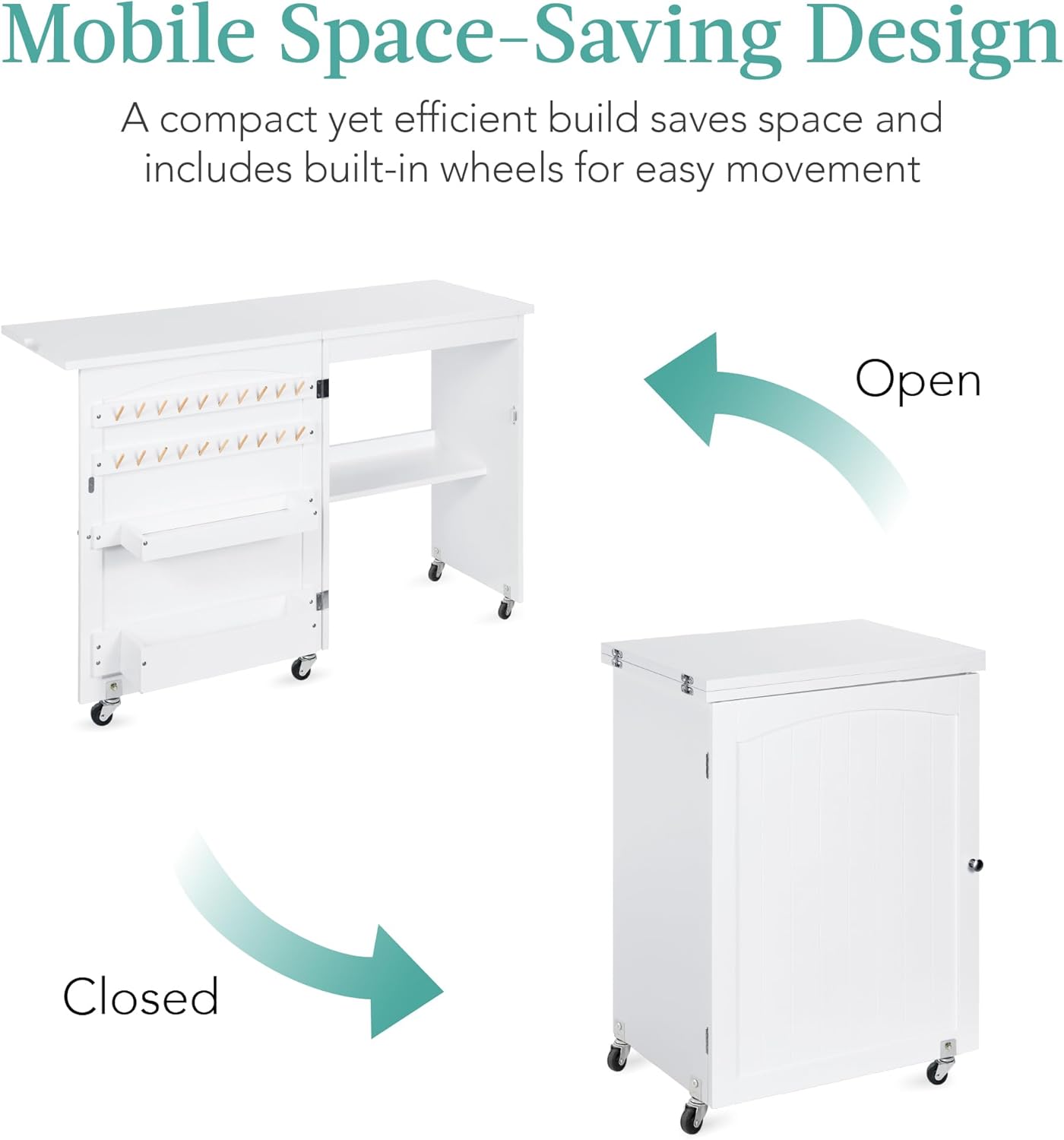Best Choice Products - Mesa de coser plegable multiusos, estación de manualidades, diseño compacto, ruedas, estantes, almacenamiento, clavijas, puertas magnéticas, pomos de puerta de metal, blanca