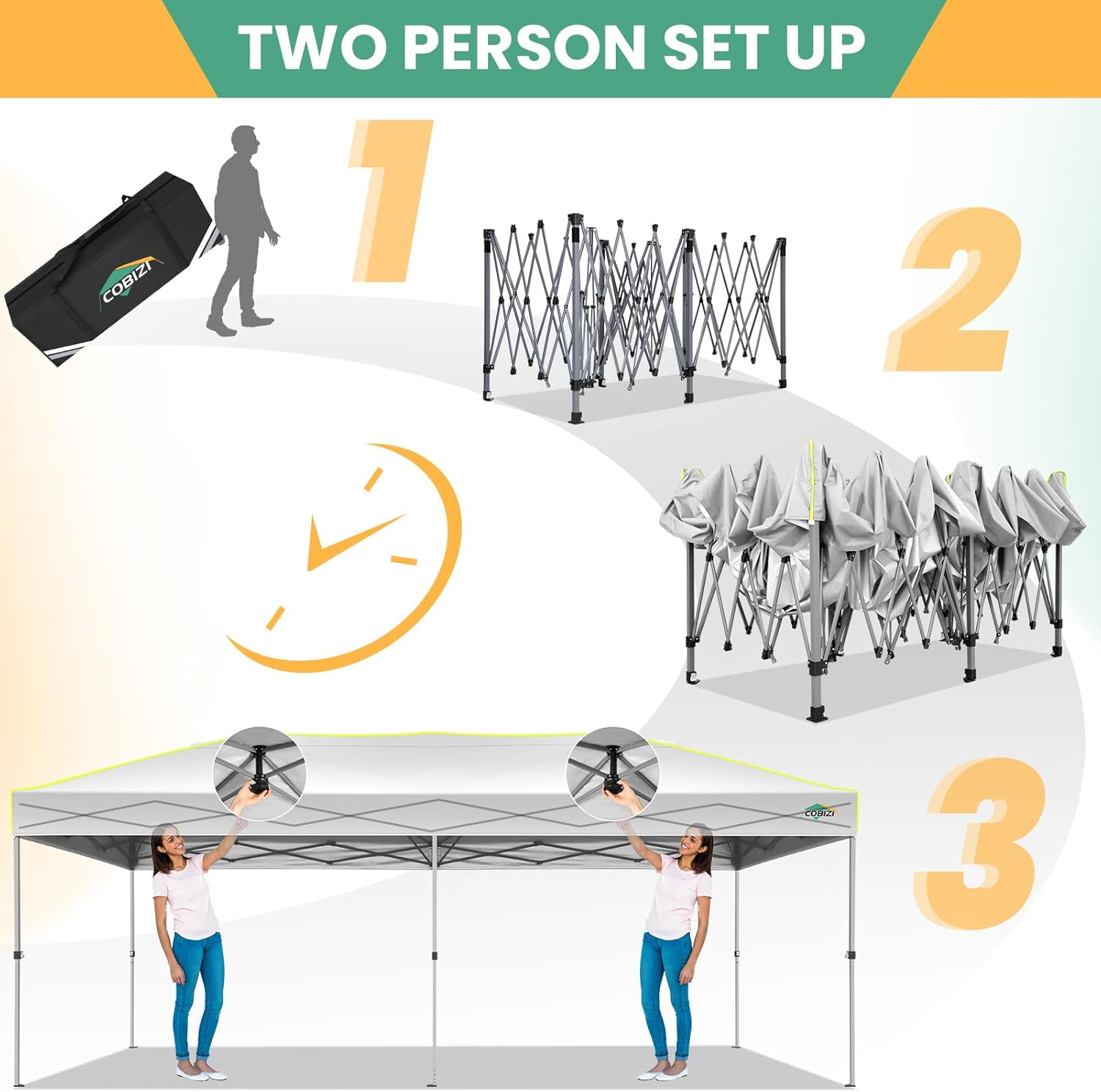 COBIZI - Tienda de campaña desplegable de 10 x 20 Pulgadas, Tienda de campaña instantánea Comercial para Bodas, Fiestas con 3 Altura Ajustable, toldo Ez Up para Exteriores, Impermeable, UPF50+ con