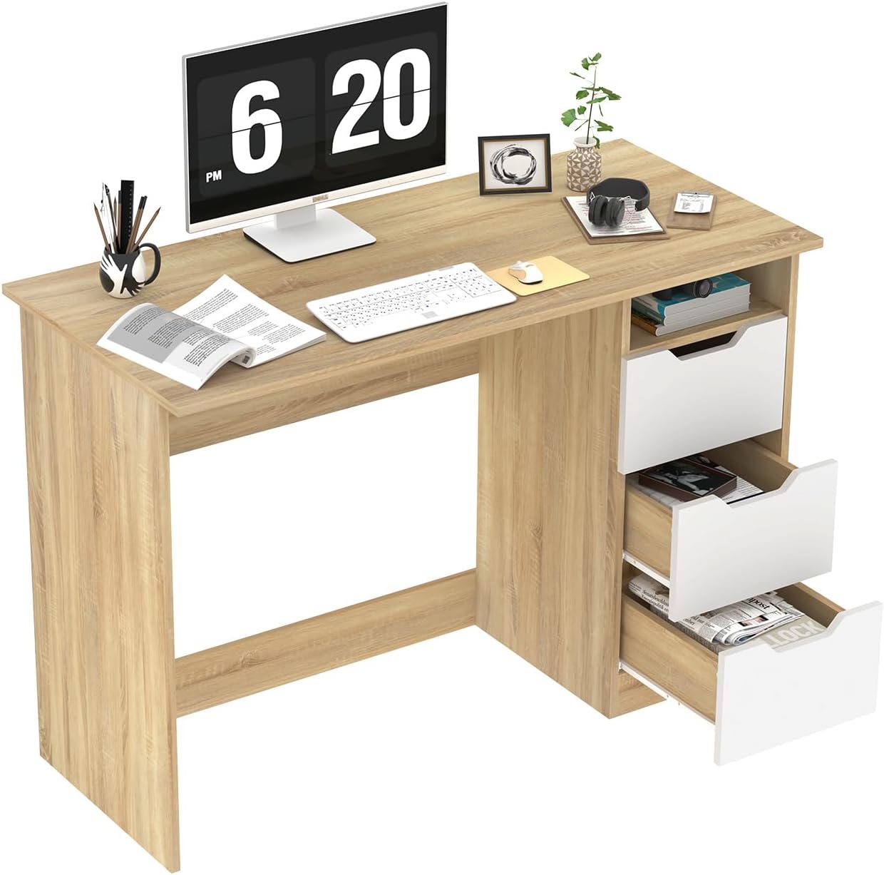 FurnitureR Mesa de Estudio de Escritura Multipropósito para Computadora con 3 Cajones de Guía Deslizantes Laterales Diseño Minimalista Moderno Escritorio de Oficina de Madera Nogal