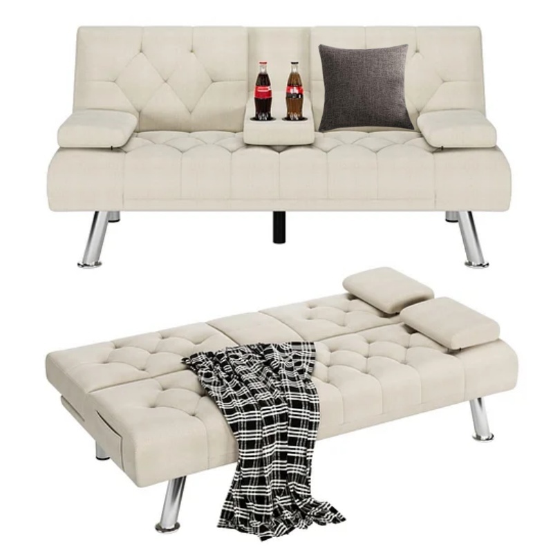 Homfa Sofá cama futón convertible, sofá cama plegable de 66.3 pulgadas con reposabrazos extraíbles y 2 portavasos para sala de estar, acabado gris-almohada