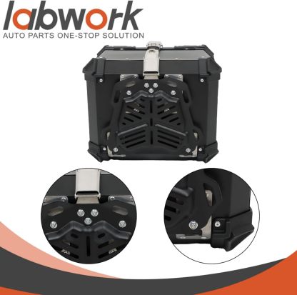 Labwork - Caja trasera para motocicleta de 45 l, con placa de montaje, aleación de aluminio dura, cierre de seguridad contra robo, metal plateado, caja trasera para maletero