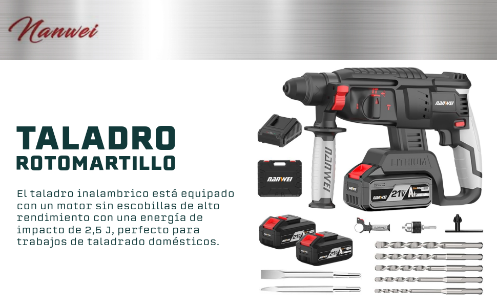 Taladro Rotomartillo Inalambrico, 1600W Motor Sin Escobillas, Martillo Electrico Multifuncional