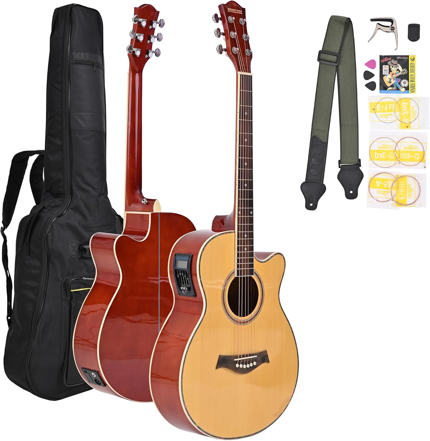 BREEZEE Guitarra Electroacústica de 40” Diseñada sobre Abeto, Merbau, Okume y Palisandro. Acabado de Barniz en Pulverización, Incluye Set de Accesorios Completo para Principiante