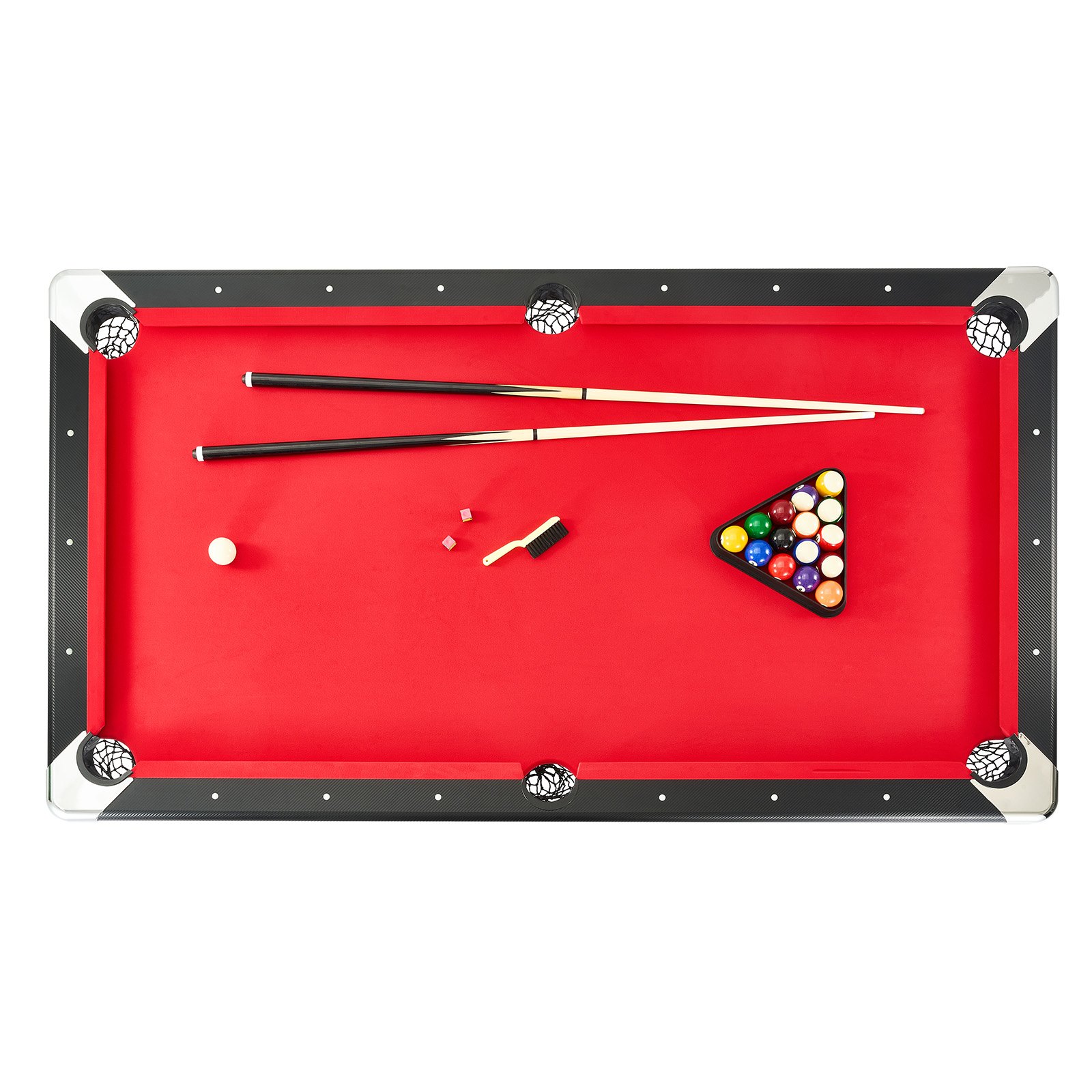 Mesa de Billar 213,4x120x80,5 cm Kit de Billar Plegable y Portátil Set Completo de Accesorios con Bolas, Tacos, Tizas y Pincel Color Negro con Tela Roja para Sala de Juegos, Hogar, Club, Bar