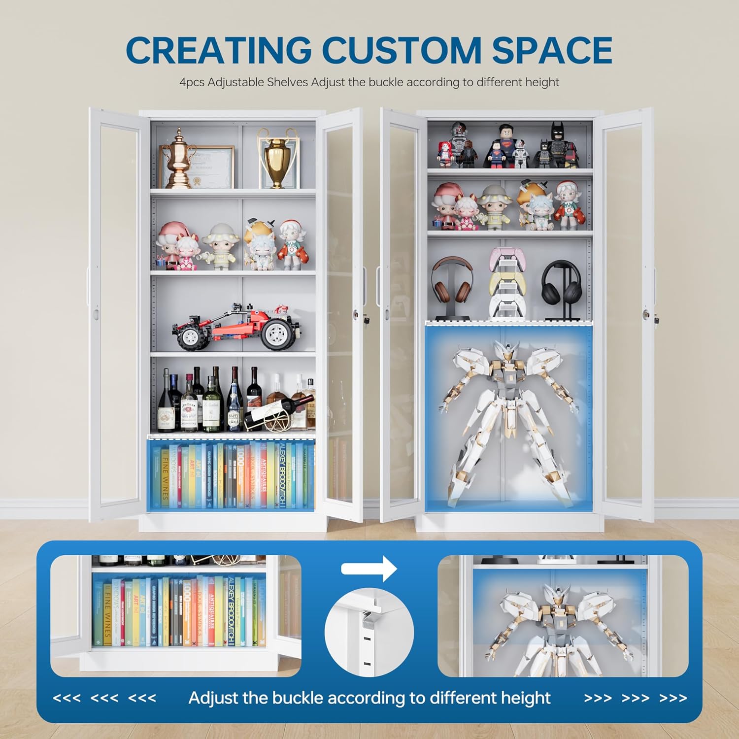 PEUKC - Vitrina con puertas de vidrio, vitrinas con 4 estantes ajustables y cerradura para el hogar, la oficina, la clínica, la despensa, requiere ensamblaje, negro, color madera