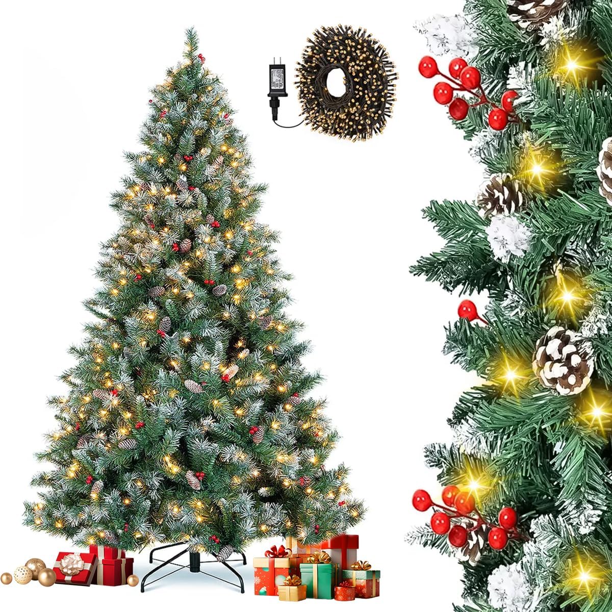 Arbol de Navidad Grande 2.2m, Arbol de Navidad con Luces Integradas, con 27m 240 Luces Led Parpadeantes(8 Modos de Luz), 1140 Ramas, con 35 Pares de Piñas y 35 Pares de Frutos Rojos, Soporte Metálico