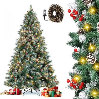Arbol de Navidad Grande 2.2m, Arbol de Navidad con Luces Integradas, con 27m 240 Luces Led Parpadeantes(8 Modos de Luz), 1140 Ramas, con 35 Pares de Piñas y 35 Pares de Frutos Rojos, Soporte Metálico