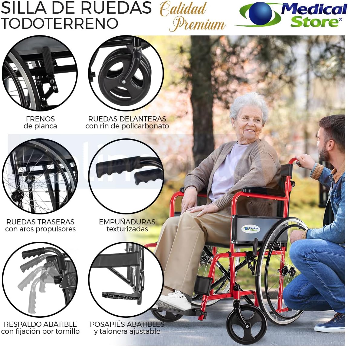 MEDICAL STORE Silla de Ruedas, Modelo 809F, Acero Resistente, Descansapies Desmontables, Descansabrazos Fijos Rectos, Asiento y Respaldo de Vinil Alta Resistencia. (ROJO)