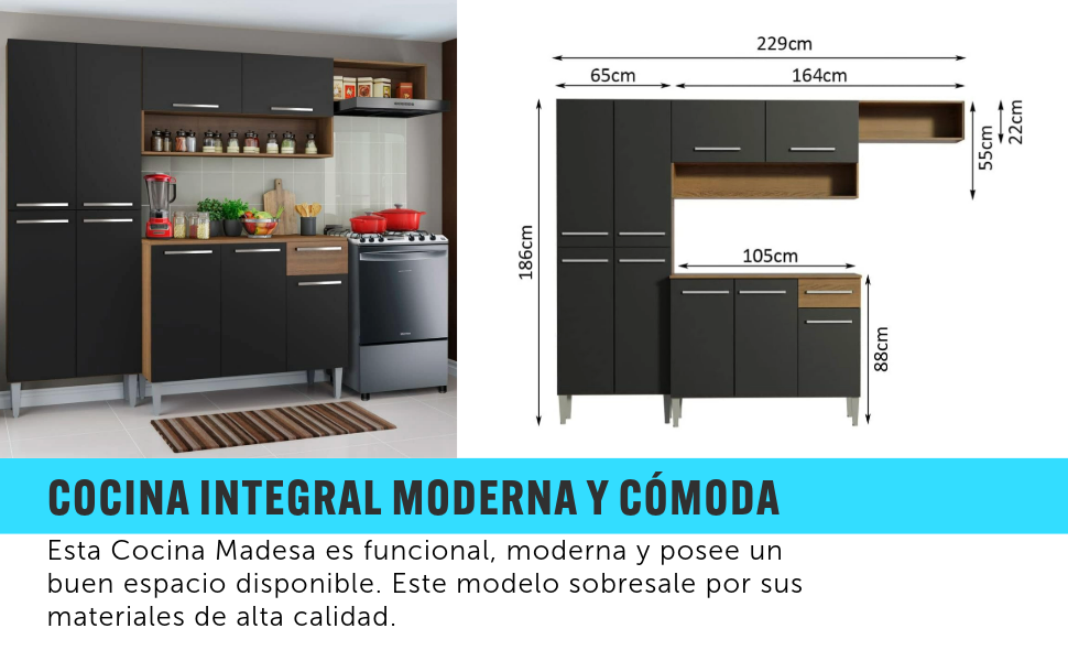 Madesa Mueble De Cocina Sin Lavadero 229cm Emilly - Marr&oacute;n/Negro