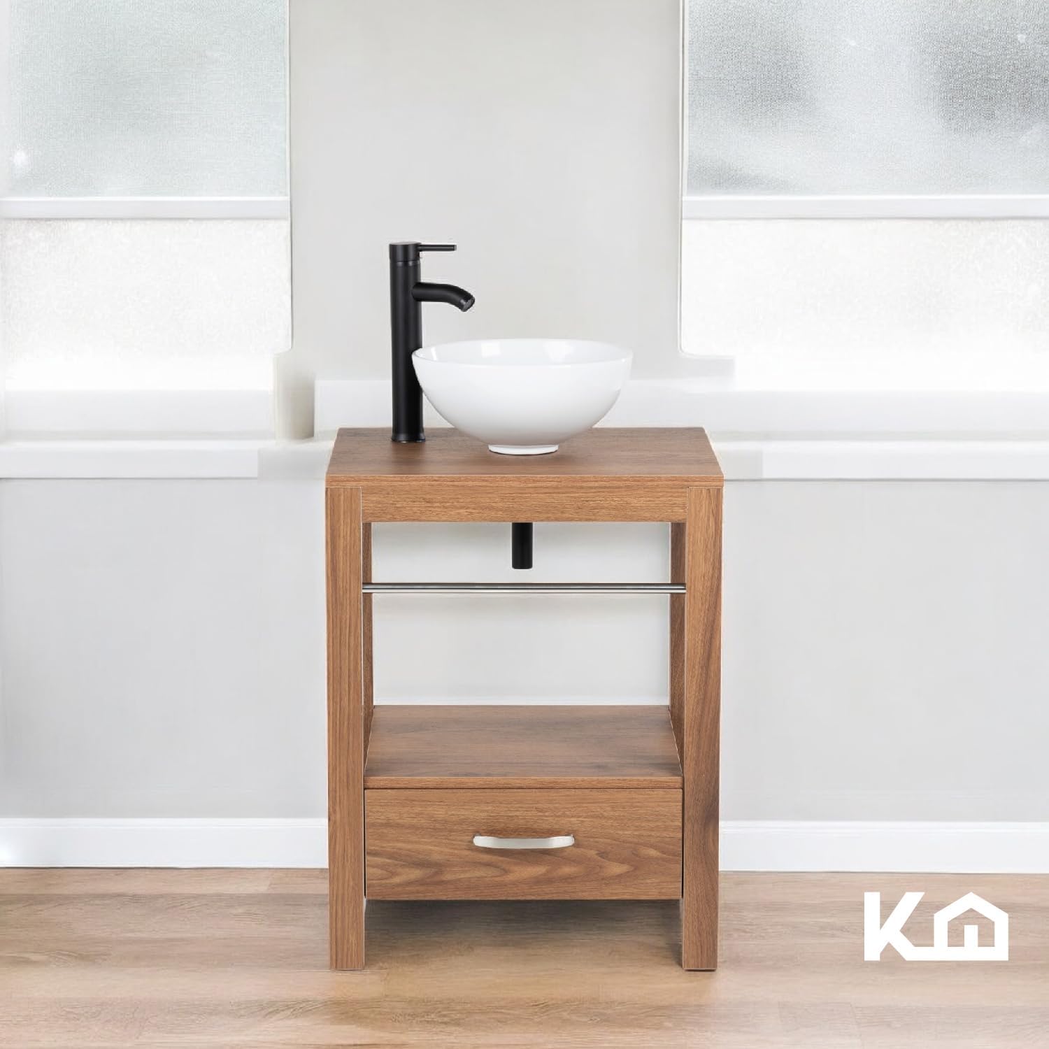 Kingshouse | Gabinete para Baño con Ovalín y Monomando – Mueble de Baño Lavamanos con 2 Cajones – Lavabo – Gabiente Organizador - Color Gris Mate – Fibra de Madera MDF – Lavamanos De Cerámica