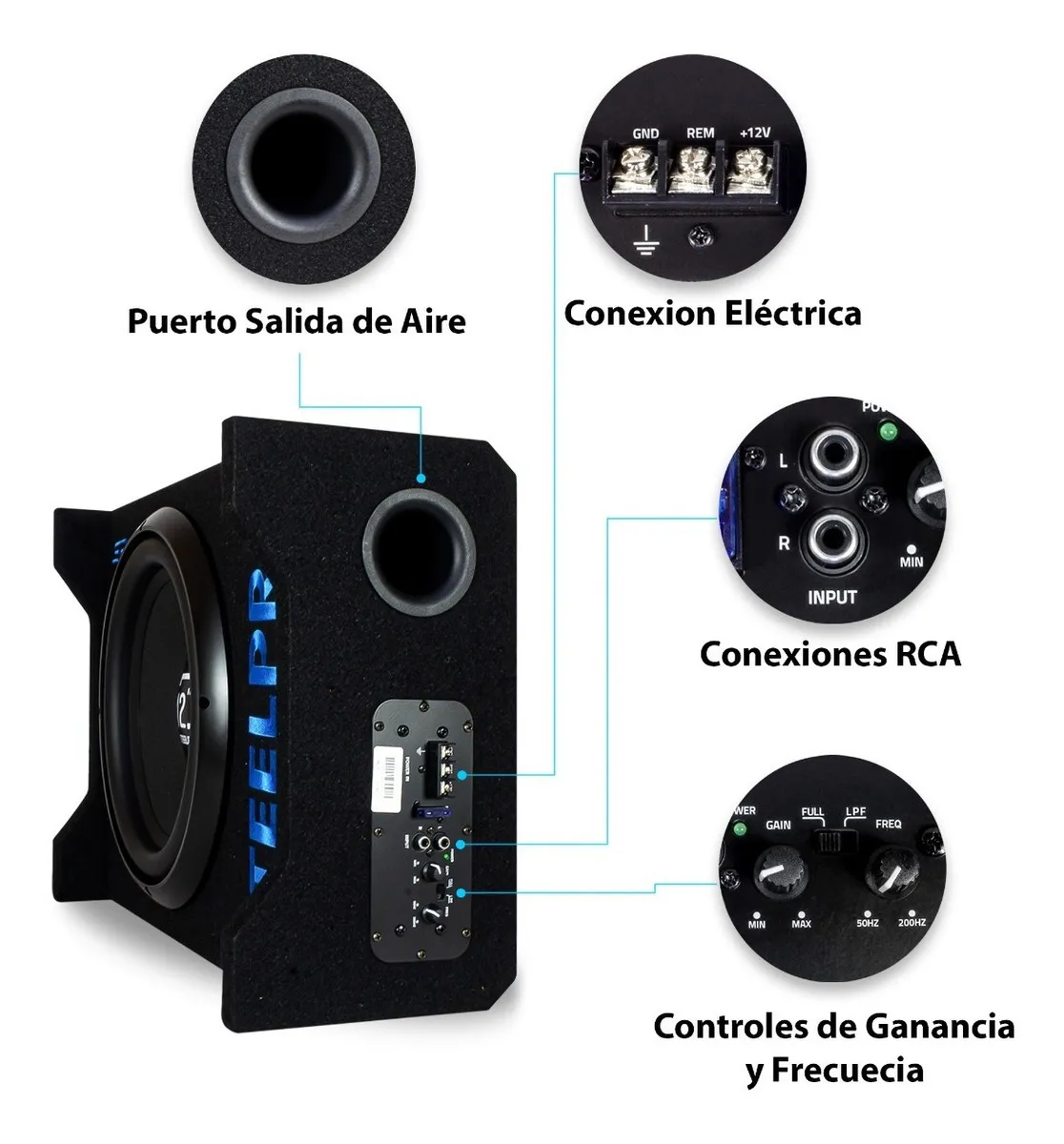 Subwoofer 12' Amplificado 1200w Spl Alta Presion Steelpro Color Negro