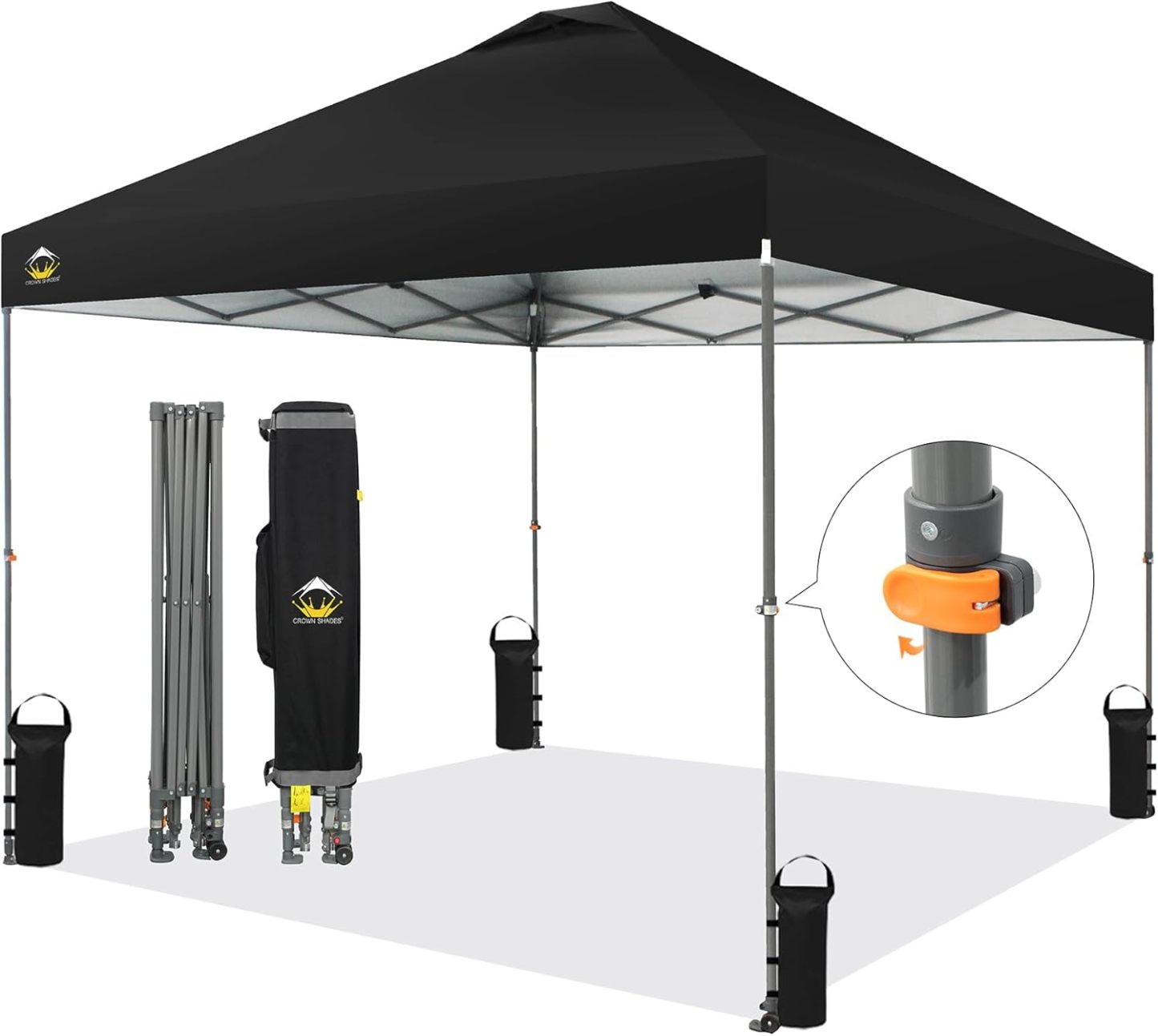 CROWN SHADES - Toldo desplegable de 3.60 x 3.60 metros, toldo patentado de un empuje con bolsa de transporte con ruedas, 8 estacas y 4 cuerdas, negro