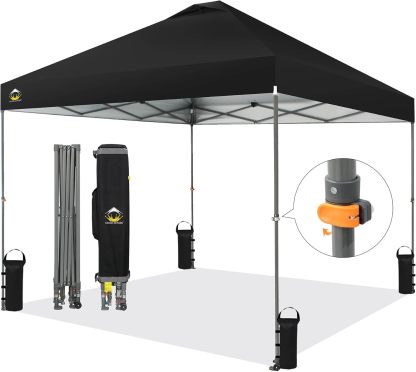 CROWN SHADES - Toldo desplegable de 3.60 x 3.60 metros, toldo patentado de un empuje con bolsa de transporte con ruedas, 8 estacas y 4 cuerdas, negro