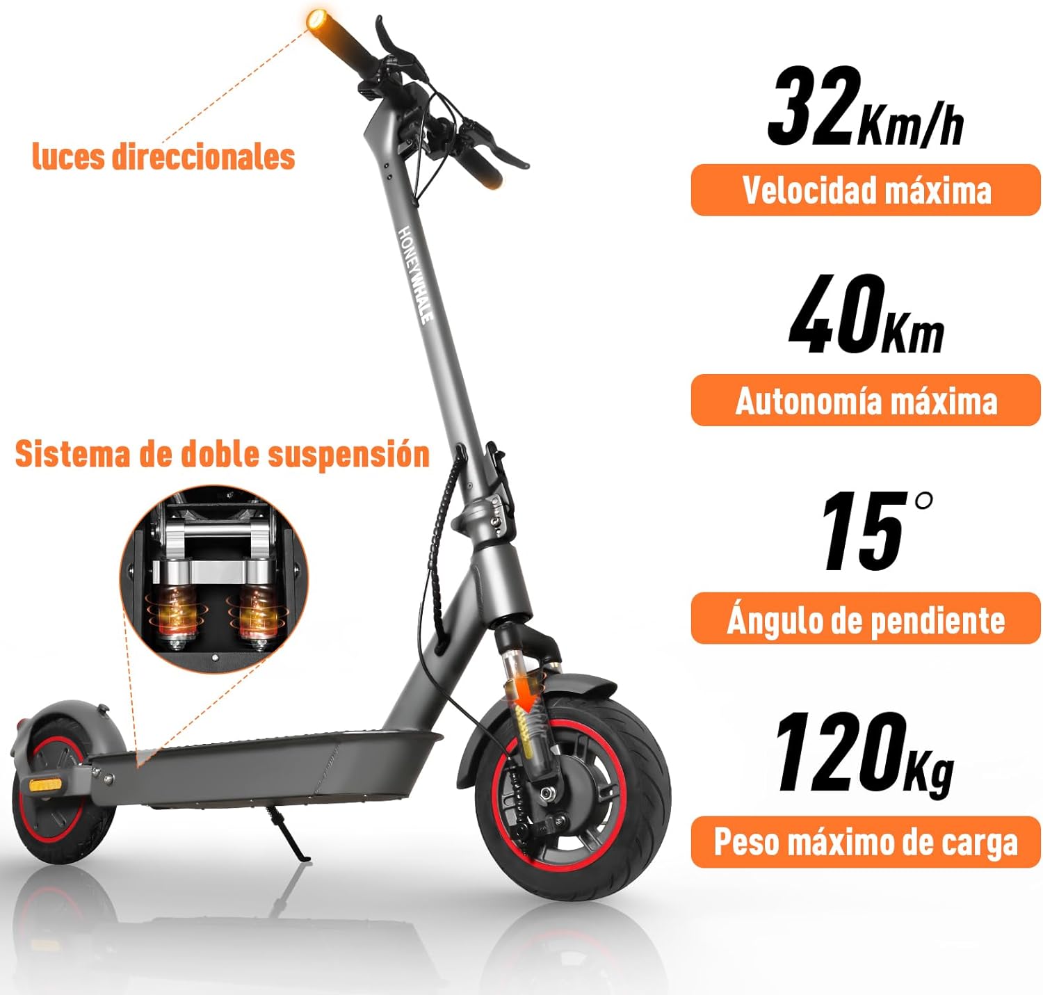 HONEYWHALE E9 MAXS Scooter Eléctrico Plegable para Adultos, Patin electrico con Motor de hasta 650W, Velocidad Máxima de 32KM/H, Autonomía Máxima 40KM, Batería (36V, 15AH)