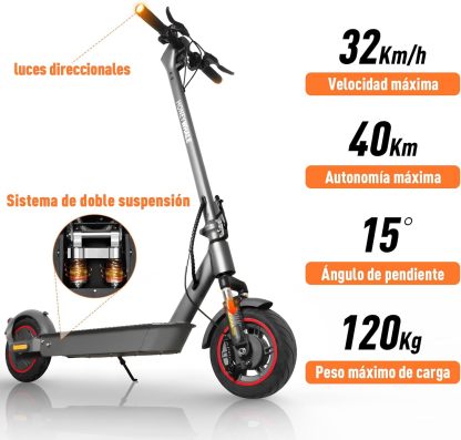 HONEYWHALE E9 MAXS Scooter Eléctrico Plegable para Adultos, Patin electrico con Motor de hasta 650W, Velocidad Máxima de 32KM/H, Autonomía Máxima 40KM, Batería (36V, 15AH)