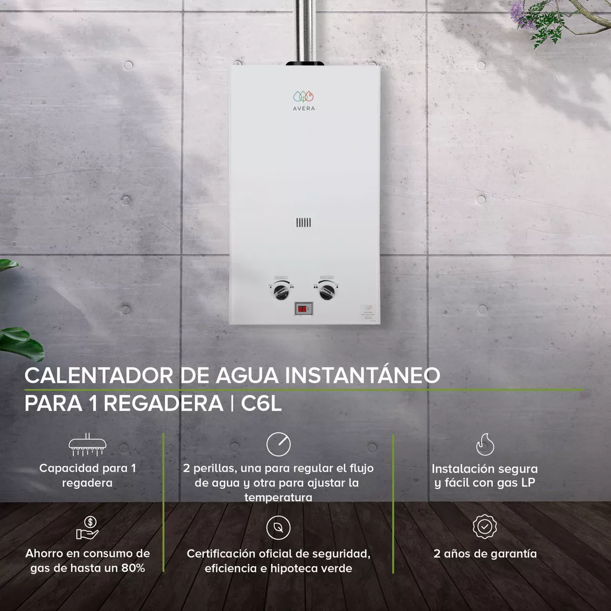 Avera Calentador de agua/ Boiler de paso C6L A gas Blanco GLP