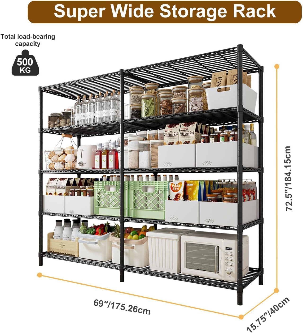 Uptyia Estante de Almacenamiento de 5 Niveles,Metálico y Ajustable,Gran Capacidad de 500KG,Estante Organizador para Cocina,Garaje,Supermercado,Negro 69" W x 72.5" H x 15.75" D