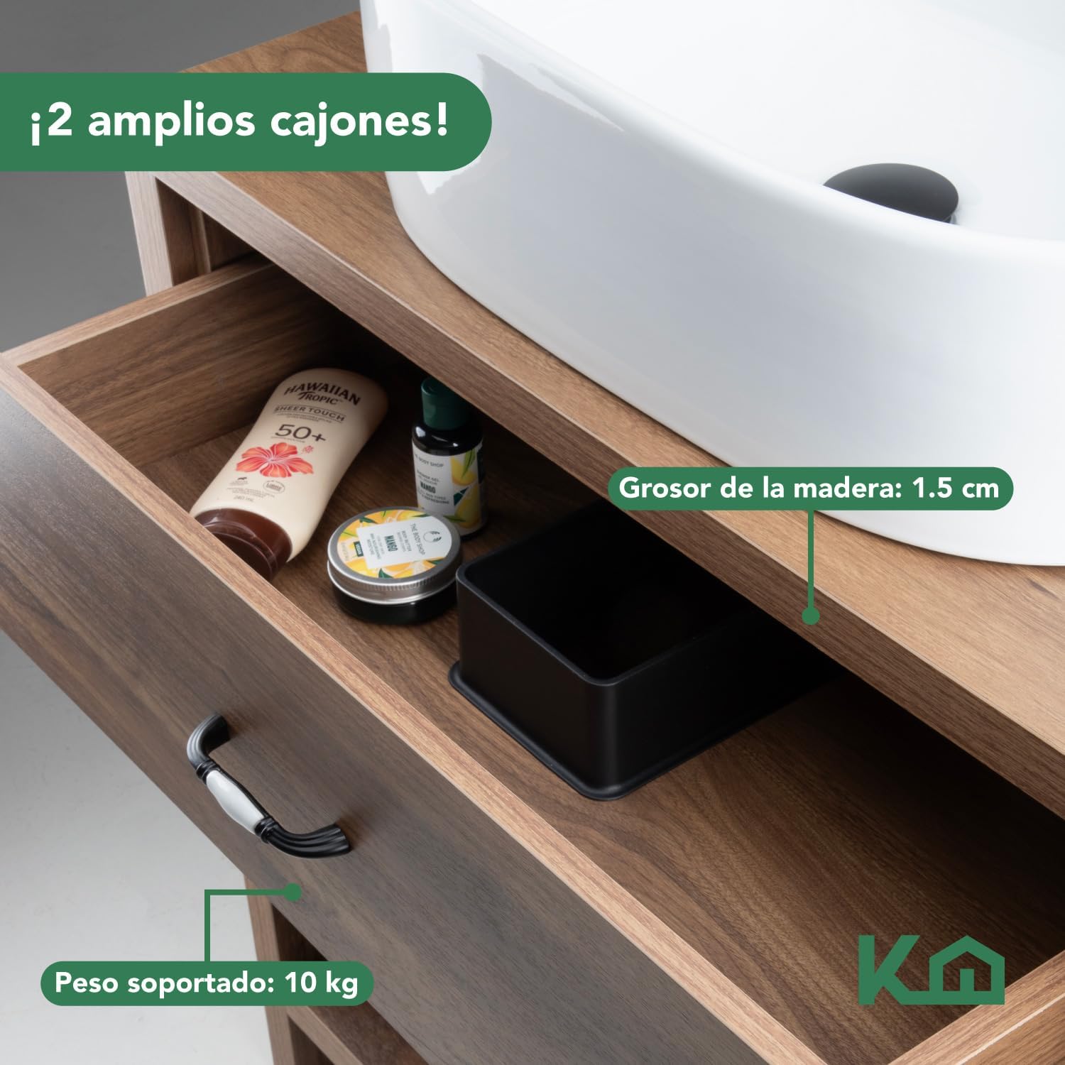 Kingshouse | Gabinete para Baño con Ovalín y Monomando – Mueble de Baño Lavamanos con 2 Cajones – Lavabo – Gabiente Organizador - Color Gris Mate – Fibra de Madera MDF – Lavamanos De Cerámica