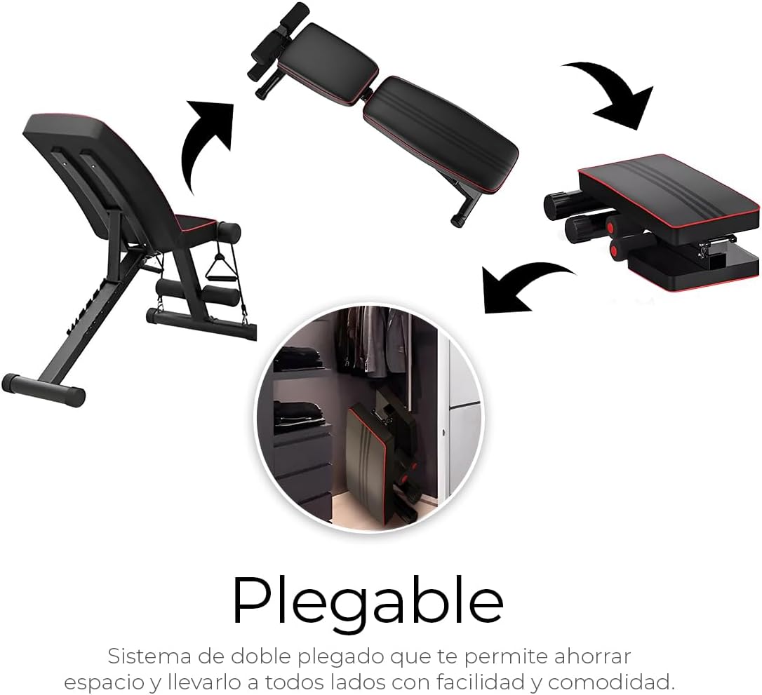 Raganet, Banco Fitness Multiposiscion, Banco de Addominales con 2 Ligas Incluidas, Asiento de Pesas Ajustable en 7 Posiciones, Soporta Hasta 250Kg, Negro