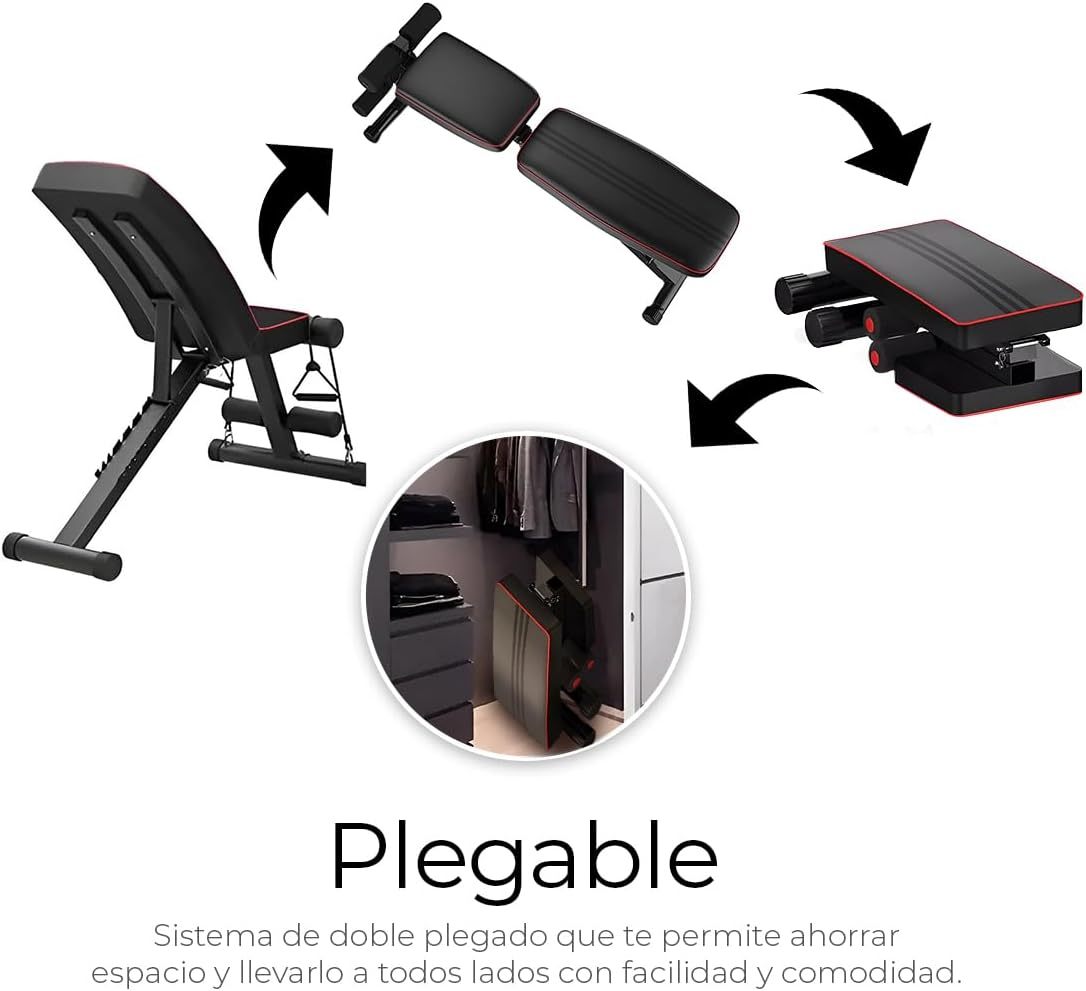 Raganet, Banco Fitness Multiposiscion, Banco de Addominales con 2 Ligas Incluidas, Asiento de Pesas Ajustable en 7 Posiciones, Soporta Hasta 250Kg, Negro