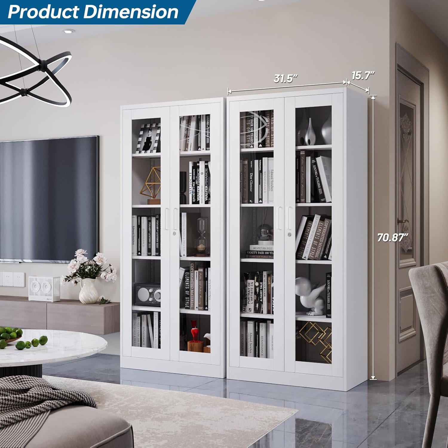 PEUKC - Vitrina con puertas de vidrio, vitrinas con 4 estantes ajustables y cerradura para el hogar, la oficina, la clínica, la despensa, requiere ensamblaje, negro, color madera