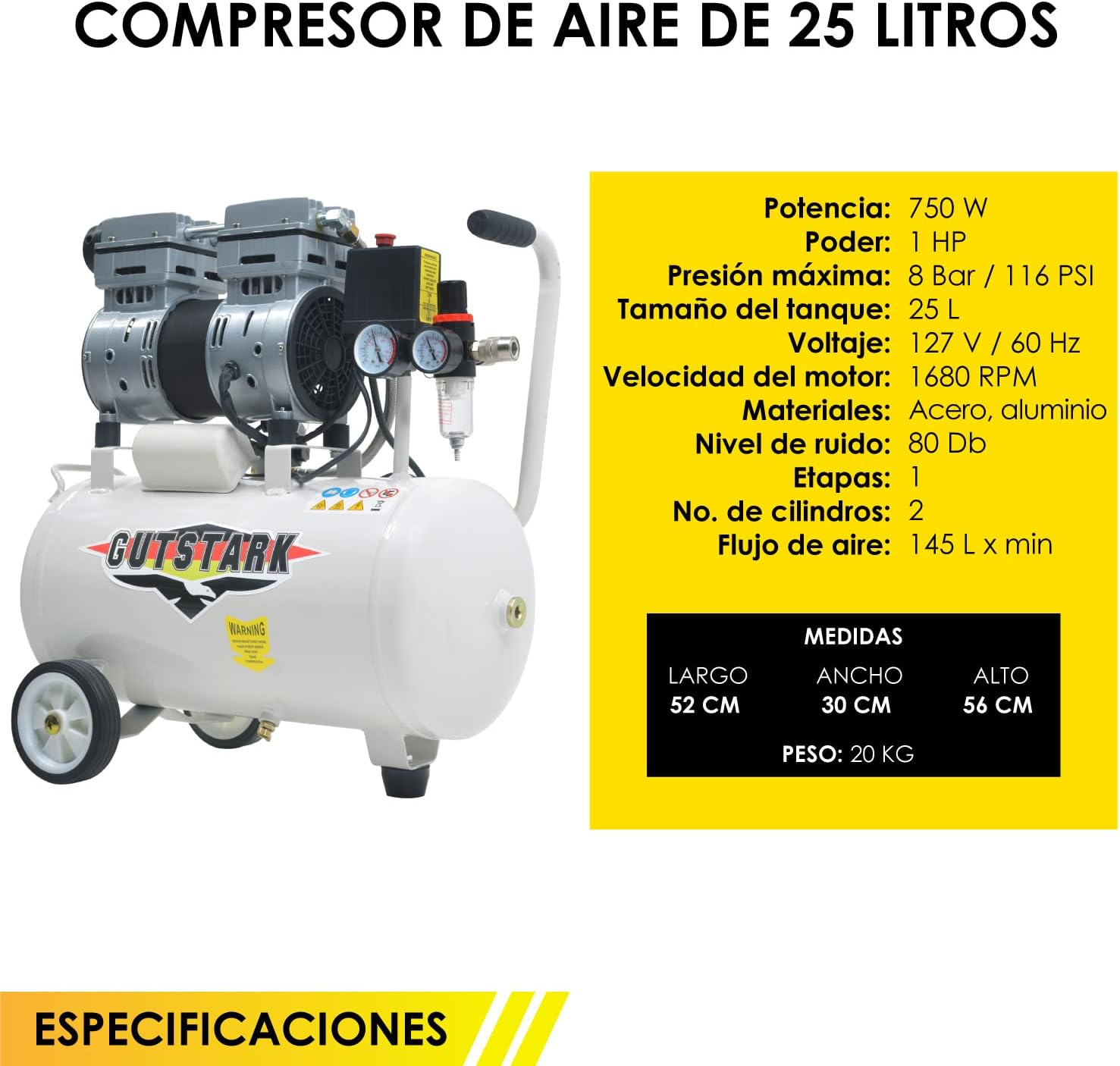 Gutstark Compresor de Aire Libre de Aceite para Pintar Estacion Dental 1HP 25 Litros 116 PSI 1680 RPM Válvula Solenoide 2 Pistones Compresor Silencioso Flujo de Aire 145 Lts X Min Compresores de Aire