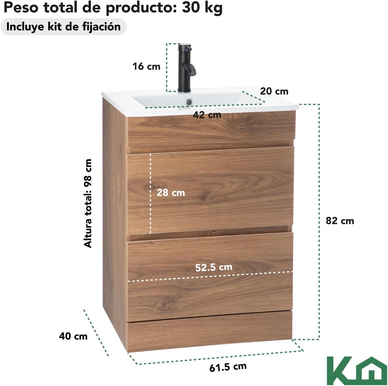 Kingshouse | Gabinete para Baño con Ovalín y Monomando – Mueble de Baño Lavamanos con 2 Cajones – Lavabo – Gabiente Organizador - Color Gris Mate – Fibra de Madera MDF – Lavamanos De Cerámica