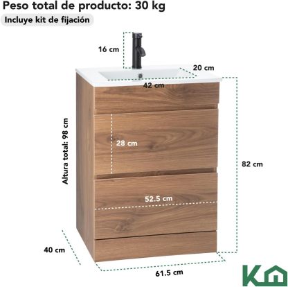 Kingshouse | Gabinete para Baño con Ovalín y Monomando – Mueble de Baño Lavamanos con 2 Cajones – Lavabo – Gabiente Organizador - Color Gris Mate – Fibra de Madera MDF – Lavamanos De Cerámica