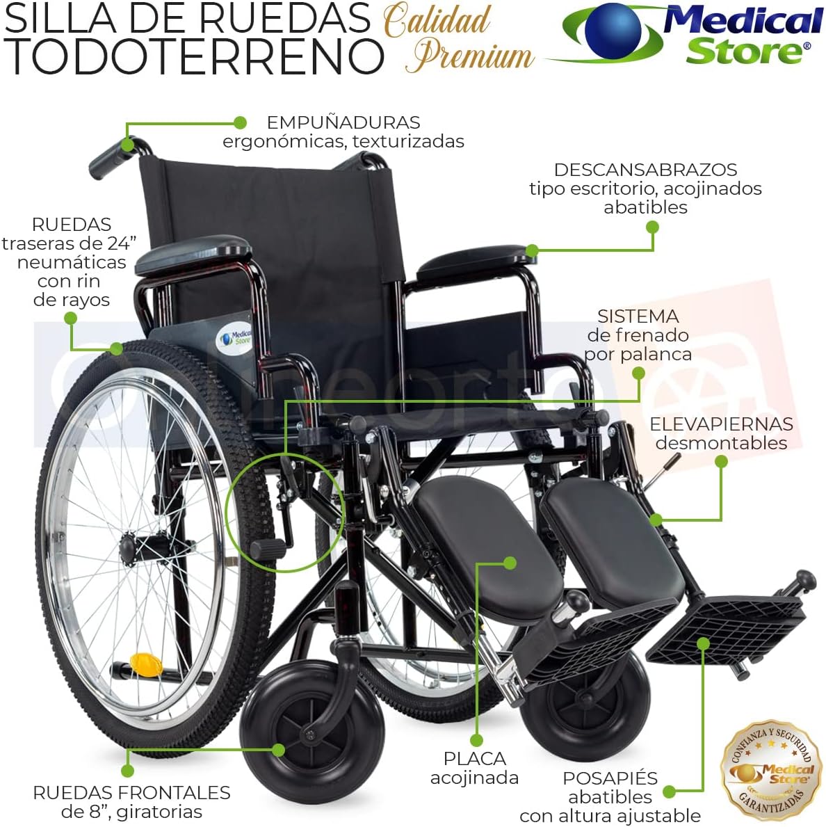 Medical Store Silla de Ruedas TODO TERRENO de Lujo, Modelo 101, Acero Resistente, Con Eleva piernas Desmontables y Descansabrazos Abatibles Color Rojo.…