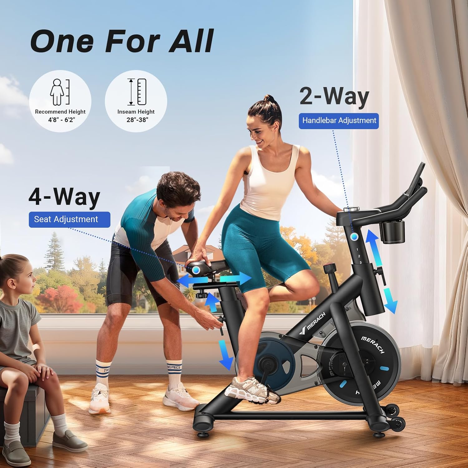 MERACH - Bicicleta de ejercicio, almohadilla de freno/bicicleta estática magnética con aplicación exclusiva, bicicleta de ciclismo interior de bajo ruido con capacidad de peso de 270 libras, estante