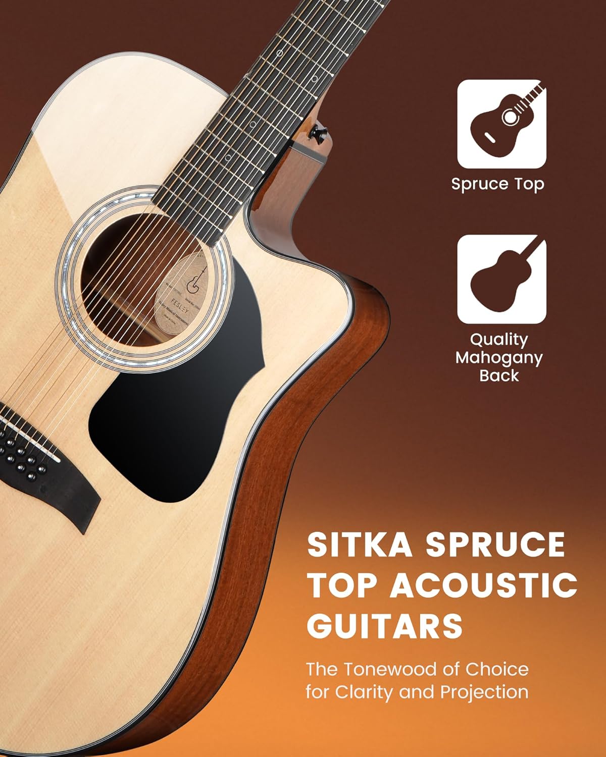 Fesley Guitarra de 12 cuerdas, guitarras eléctricas acústicas de tamaño completo para adultos, guitarra de abeto superior acústica, paquete de guitarra recortada con bolsa de concierto, púas, cuerdas, correa, natural