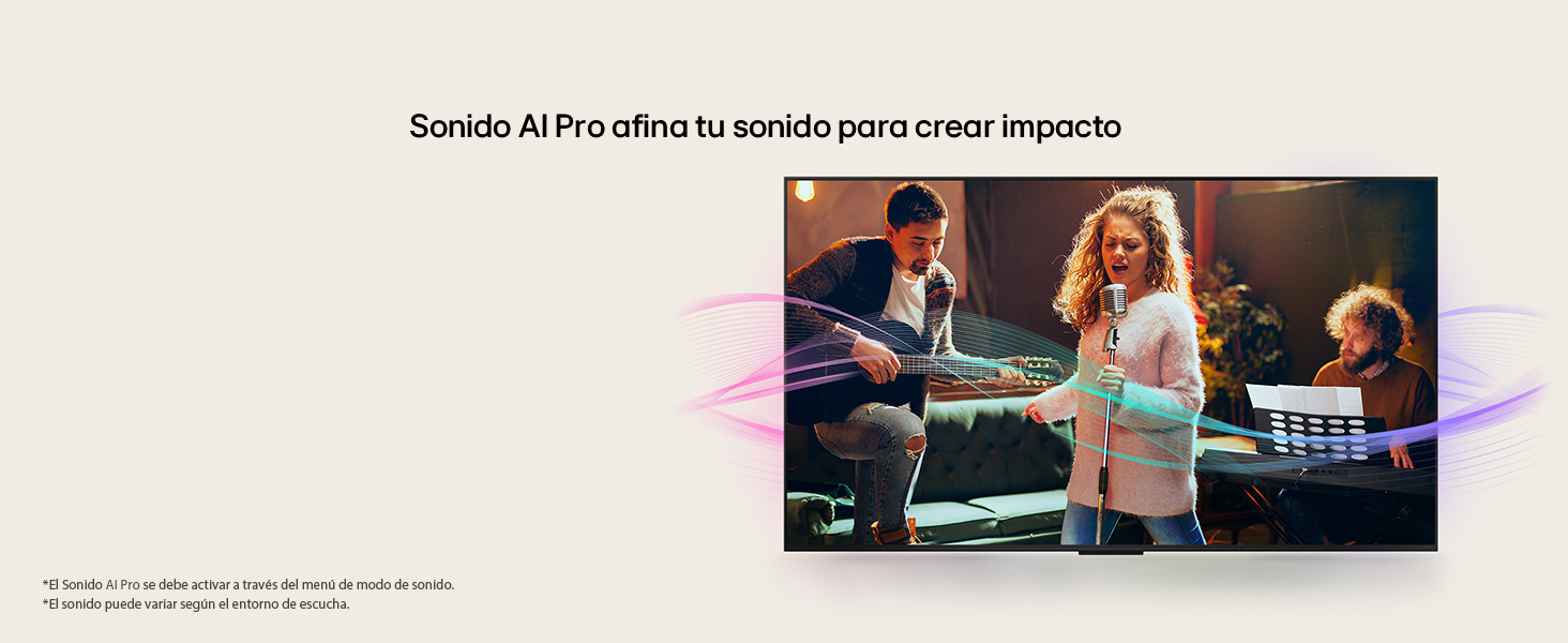 Sound waves come from a singer and two musicians to show enhanced sound quality with Al Clear Sound