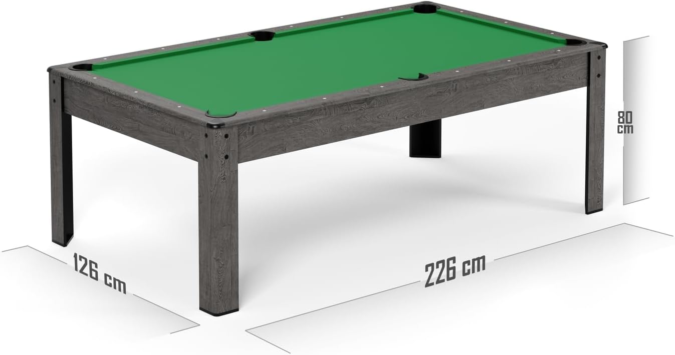 PLAY4FUN Mesa de Billar Convertible en Comedor | 2 en 1 Multifuncional | 226 x 126 x 80 cm | Tapete Verde con Retorno de Bolas | Accesorios Incluidos | Capacidad para 8 Personas | Color Gris
