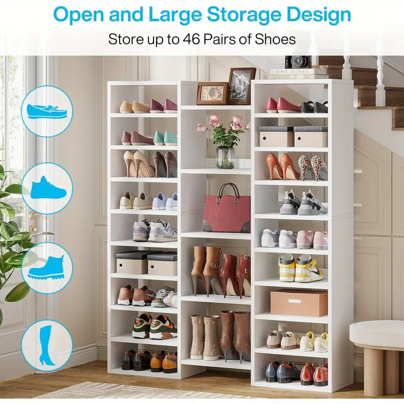 Estante para zapatos de 14 niveles, estante alto independiente para zapatos, gabinete de almacenamiento de zapatos de madera blanca con 22 cub&iacute;culos abiertos, organizador de zapatos de entrada ancha de 46 pares para la entrada, sala de estar detalles 5