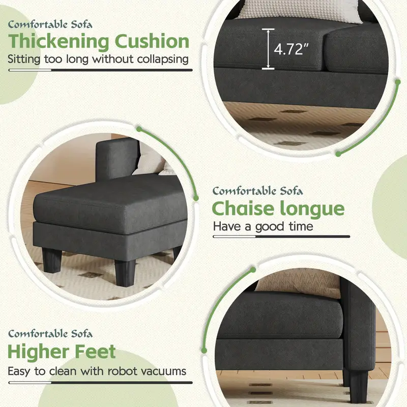 Sofá seccional convertible, sofá de 3 plazas en forma de L con tela de lino, otomana móvil Sofá pequeño para apartamentos pequeños, sala de estar y oficina (gris oscuro)