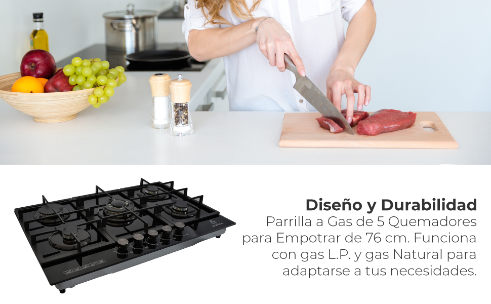 Combo Empotrable SUPRA Sassari: Parrilla a Gas 5 Quemadores de 76 cm y Campana Extractora Pared