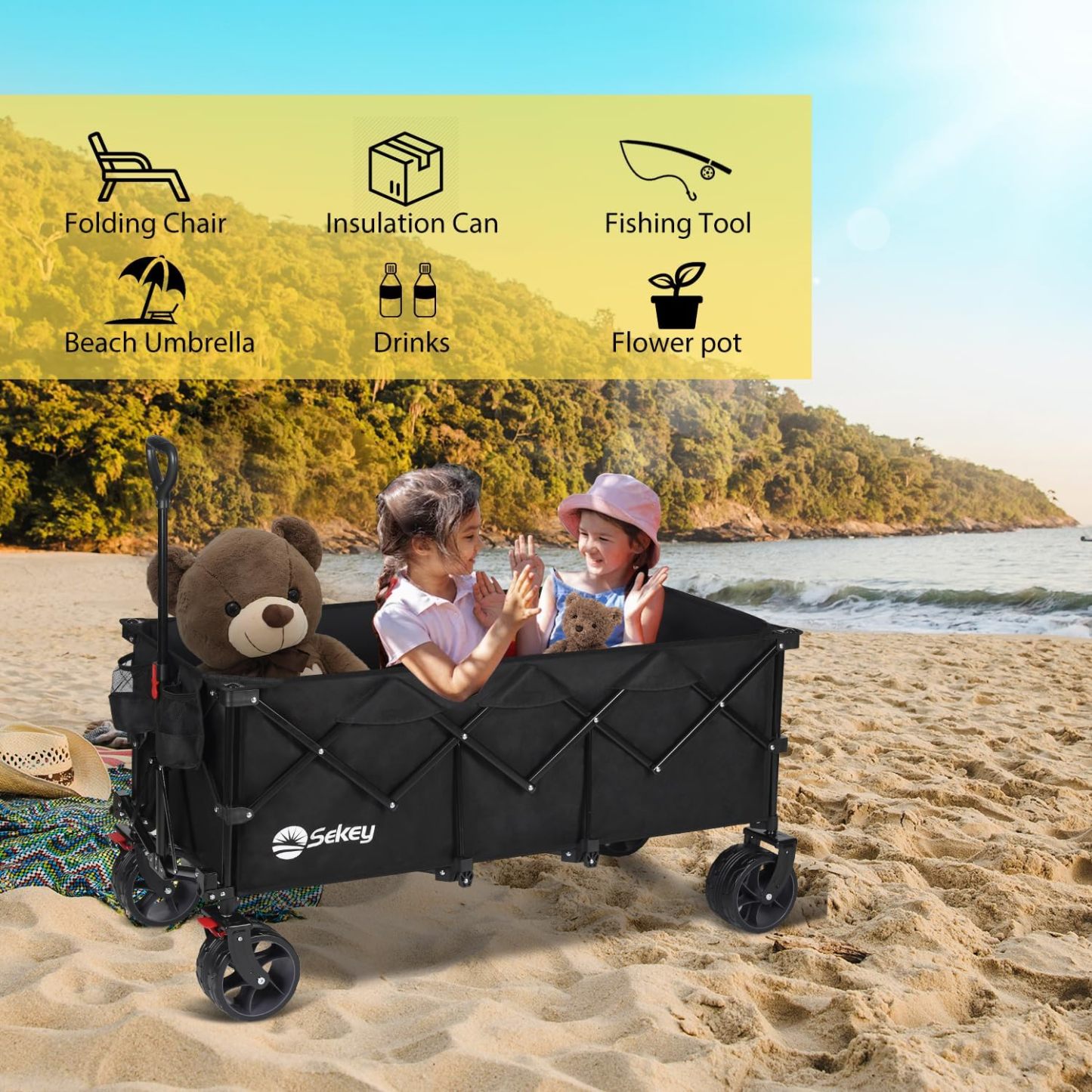 Sekey Carro plegable plegable de 48 pulgadas de largo con capacidad de peso de 420 libras, carro de jardín plegable de 300 litros de servicio pesado con ruedas de playa grandes todo terreno y soportes