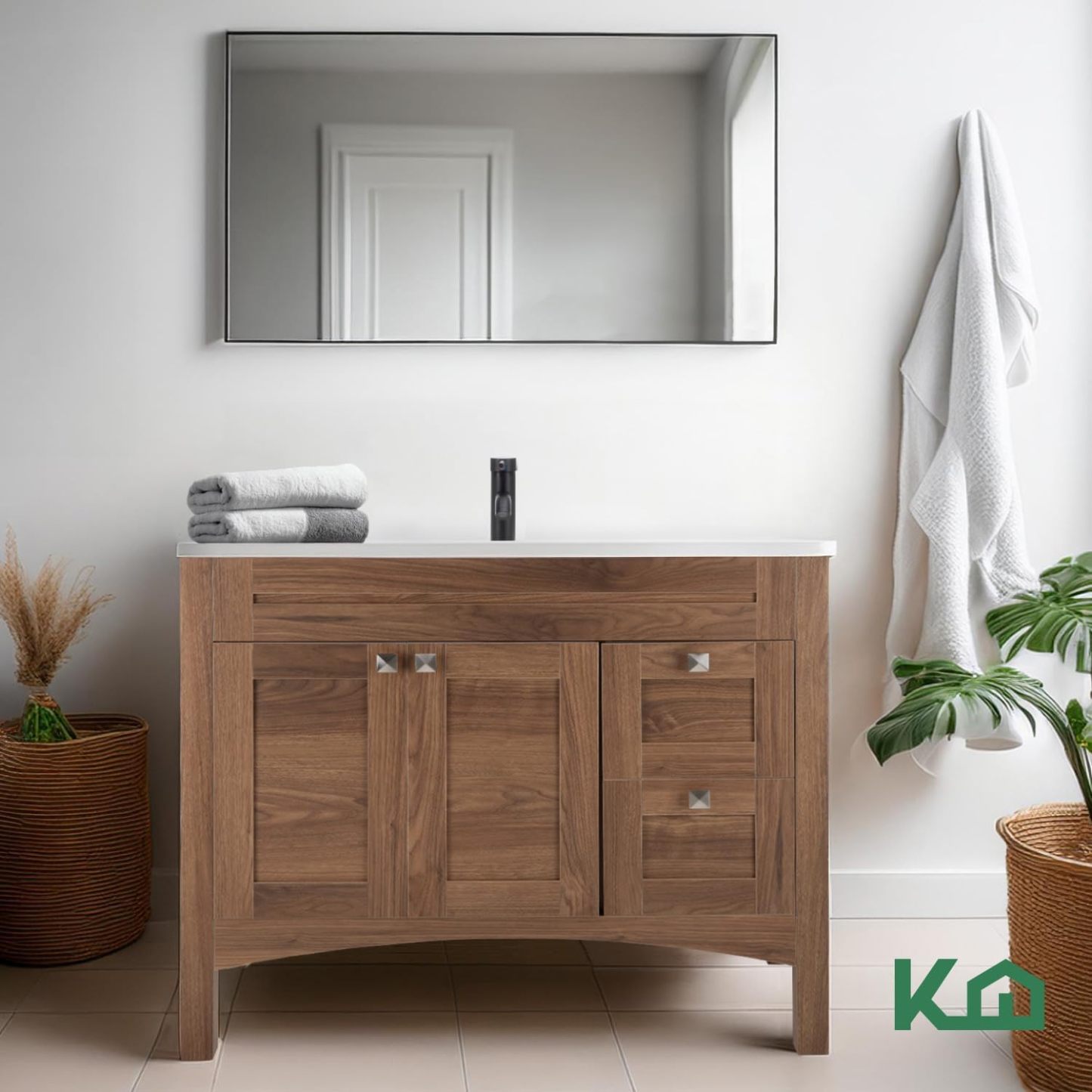 Kingshouse | Gabinete para Baño con Ovalín y Monomando – Mueble de Baño Lavamanos con 2 Cajones – Lavabo – Gabiente Organizador - Color Gris Mate – Fibra de Madera MDF – Lavamanos De Cerámica