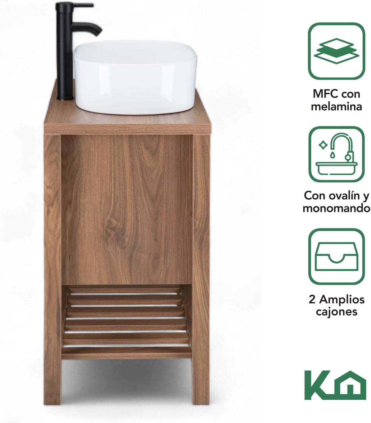 Kingshouse | Gabinete para Baño con Ovalín y Monomando – Mueble de Baño Lavamanos con 2 Cajones – Lavabo – Gabiente Organizador - Color Gris Mate – Fibra de Madera MDF – Lavamanos De Cerámica