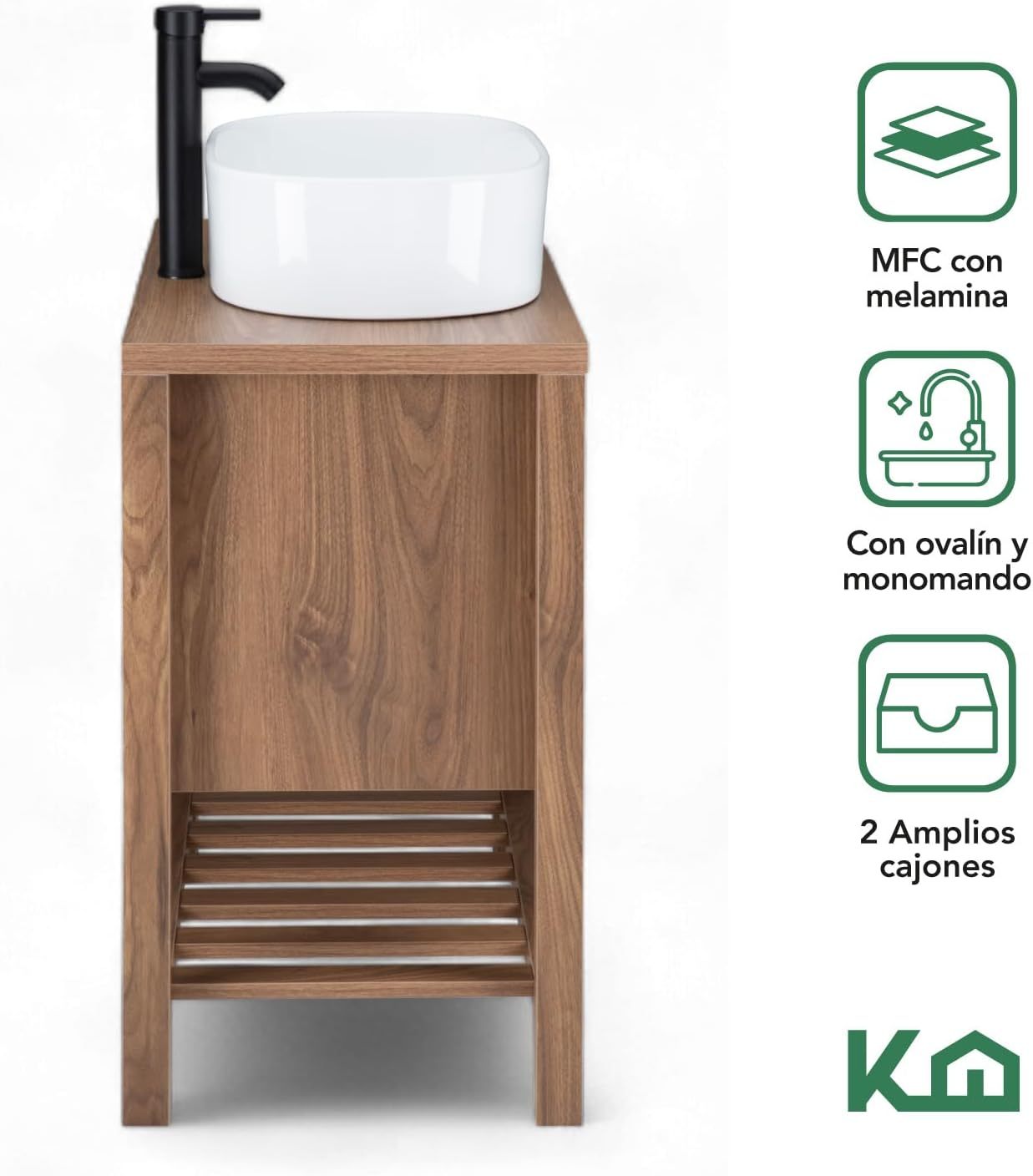 Kingshouse | Gabinete para Baño con Ovalín y Monomando – Mueble de Baño Lavamanos con 2 Cajones – Lavabo – Gabiente Organizador - Color Gris Mate – Fibra de Madera MDF – Lavamanos De Cerámica